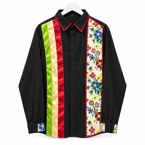 Cree ribbon shirt with decorative ribbon and floral fabric accents by Alexandria Coon of Mistissini, Eeyou Istchee.