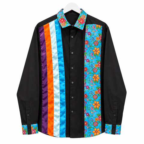 Cree ribbon shirt featuring satin ribbon and decorative trim by Alexandria Coon of Mistissini, Eeyou Istchee.