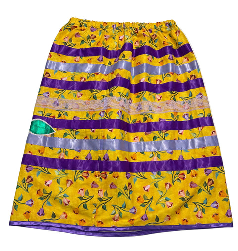 RIBBON SKIRT VERA GEORGE YELLOW FLOWERS/APPLIQUE/PURPLE LIGHT PURPLE GREEN WHITE/ELASTIC 36"