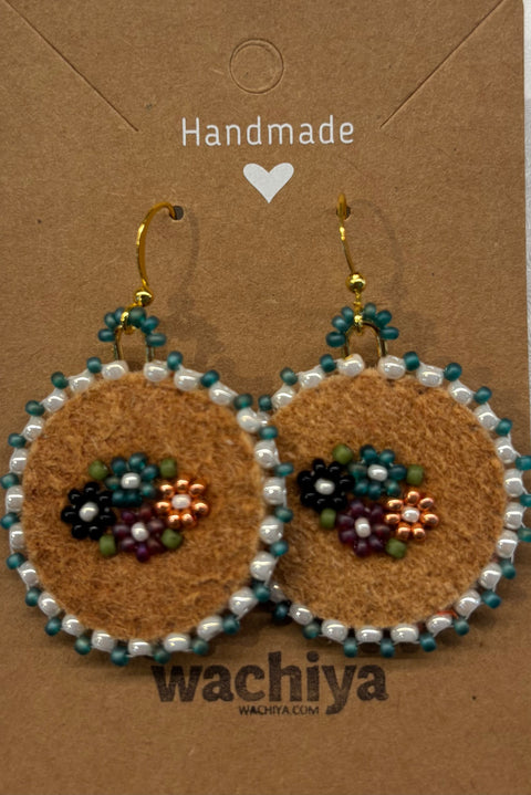 1.25" Hand-Beaded Round Moosehide Earrings