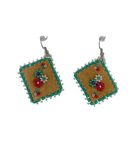 Floral Dia/SQR Moosehide Earrings ~ 1.25"