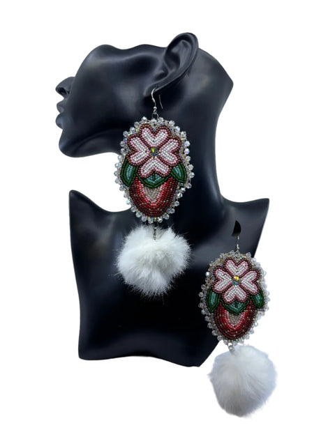 Large Beaded Earrings - Pom Poms