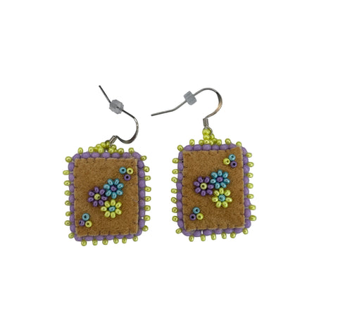 Floral Dia/SQR Moosehide Earrings ~ 1.25"