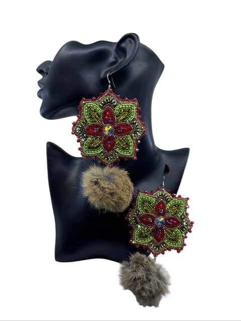 Large Beaded Earrings - Pom Poms