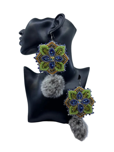Large Beaded Earrings - Pom Poms