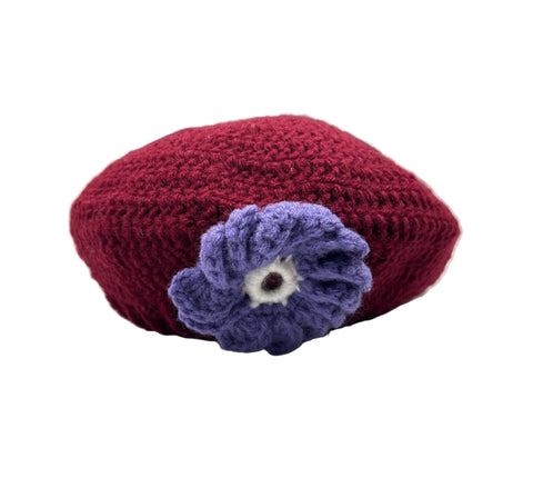 Burgundy, Purple & White Flower Crochet Beret