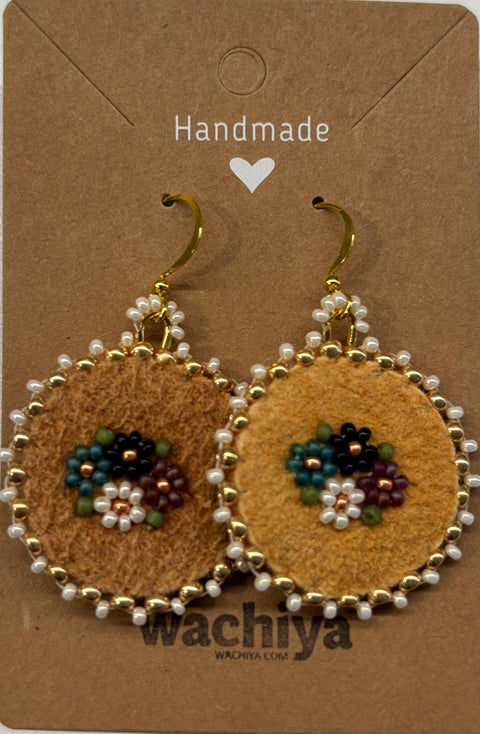 1.25" Hand-Beaded Round Moosehide Earrings