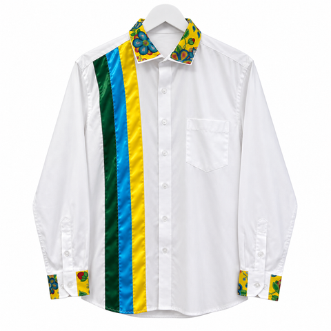 Cree ribbon shirt with colourful layered ribbon accents by Alexandria Coon of Mistissini, Eeyou Istchee.