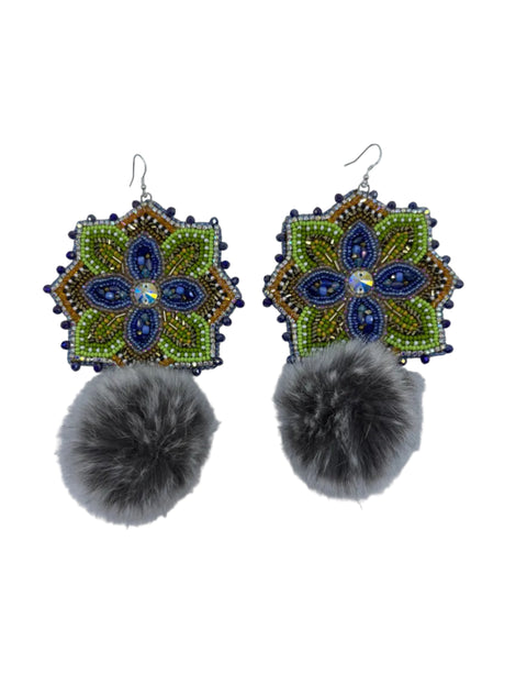 Large Beaded Earrings - Pom Poms