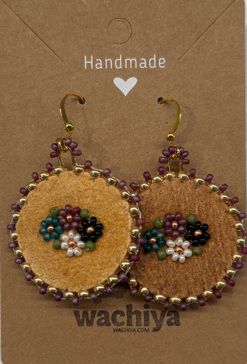 1.25" Hand-Beaded Round Moosehide Earrings
