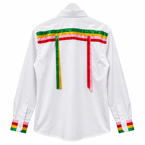 Hand-sewn ribbon shirt by Cree artist Alexandria Coon of Mistissini, Eeyou Istchee.