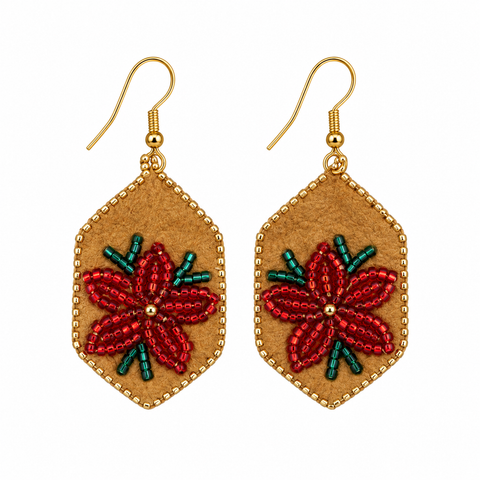 Poinsettia Moosehide Beaded Earrings