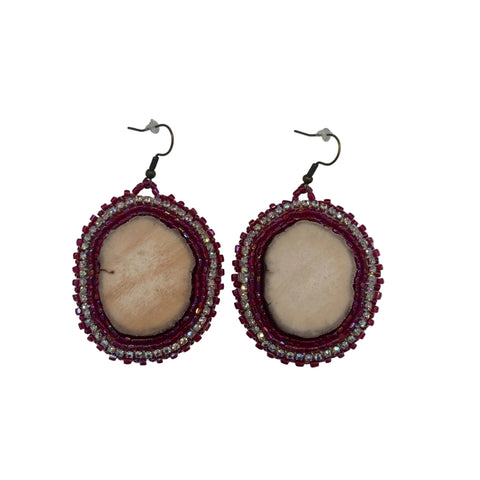 EARRINGS NOREEN BETSY NEEPOSH ELLIPSE/DARK CRYSTAL RED CLEAR RHINESTONE/MOOSE ANTLER CAB/MOOSE HIDE BACKING/SILVER FISH HOOKS