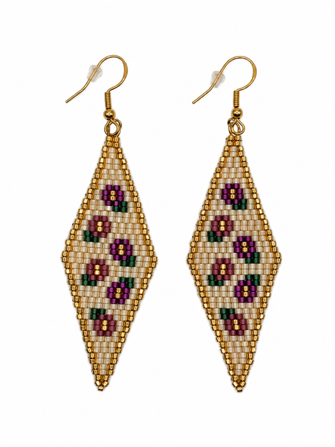 Long Diamond Floral Beaded Earrings