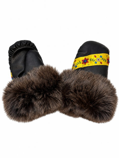 Cree-Made Leather Mittens with Fox Fur Trim