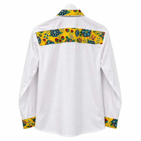 One-of-a-kind hand-sewn ribbon shirt by Cree artist Alexandria Coon of Mistissini.