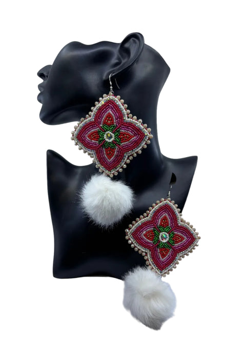 Large Beaded Earrings - Pom Poms