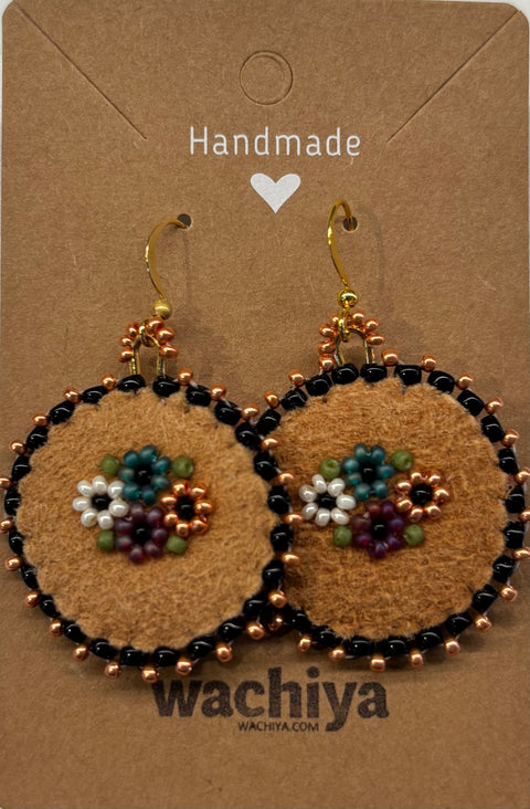 1.25" Hand-Beaded Round Moosehide Earrings