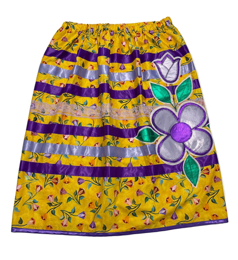 RIBBON SKIRT VERA GEORGE YELLOW FLOWERS/APPLIQUE/PURPLE LIGHT PURPLE GREEN WHITE/ELASTIC 36"