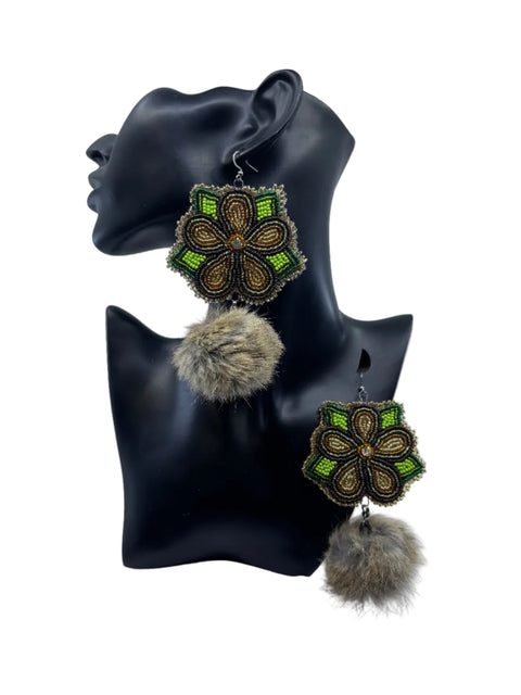 Large Beaded Earrings - Pom Poms