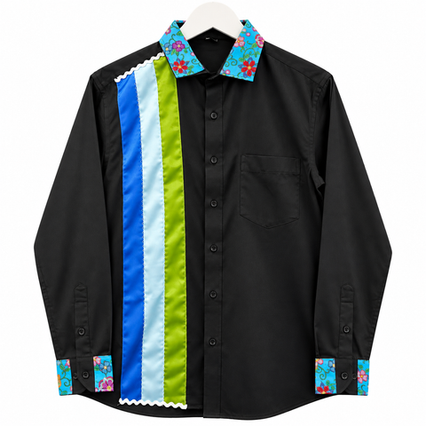 One-of-a-kind hand-sewn Cree ribbon shirt by Alexandria Coon of Mistissini, Eeyou Istchee.