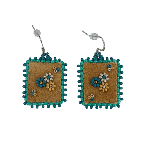 Floral Dia/SQR Moosehide Earrings ~ 1.25"