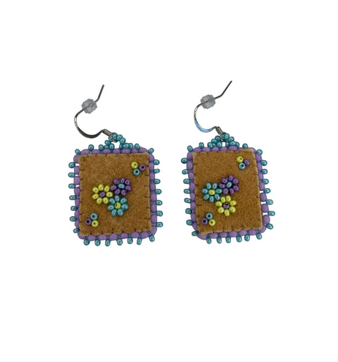 Floral Dia/SQR Moosehide Earrings ~ 1.25"