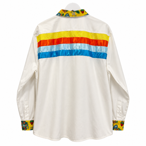 Cree ribbon shirt with layered ribbon accents by Alexandria Coon of Mistissini, Eeyou Istchee.