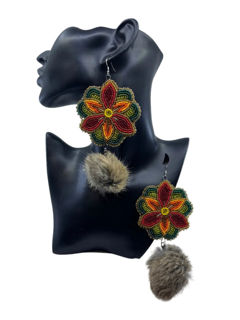 Large Beaded Earrings - Pom Poms