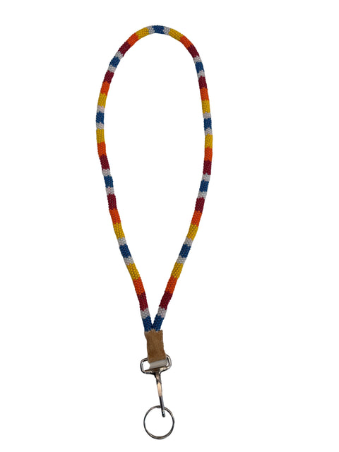 Red, Orange, Yellow, Crystal & Blue Beaded Lanyard (16")