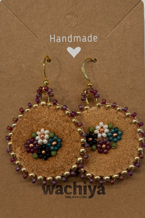 1.25" Hand-Beaded Round Moosehide Earrings