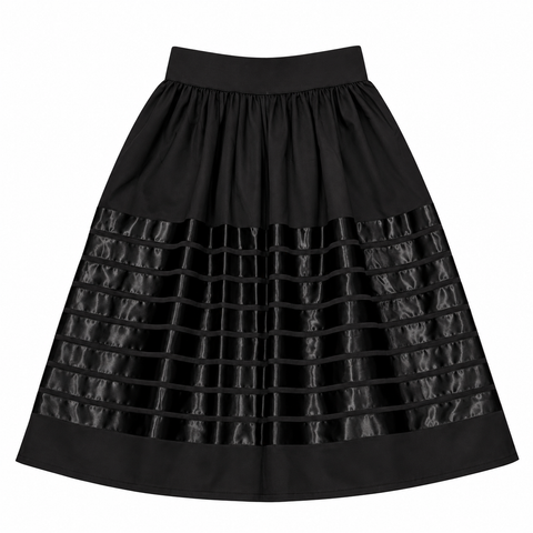 Black tone-on-tone midi ribbon skirt by Mohawk designer Tammy Beauvais