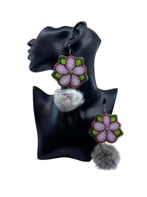 Large Beaded Earrings - Pom Poms