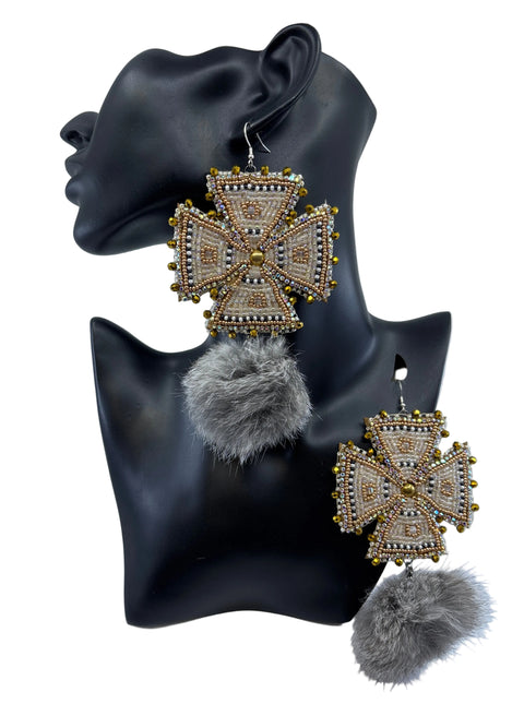 Medium Handcrafted Beaded Earrings with Fur & Horse Hair (3")