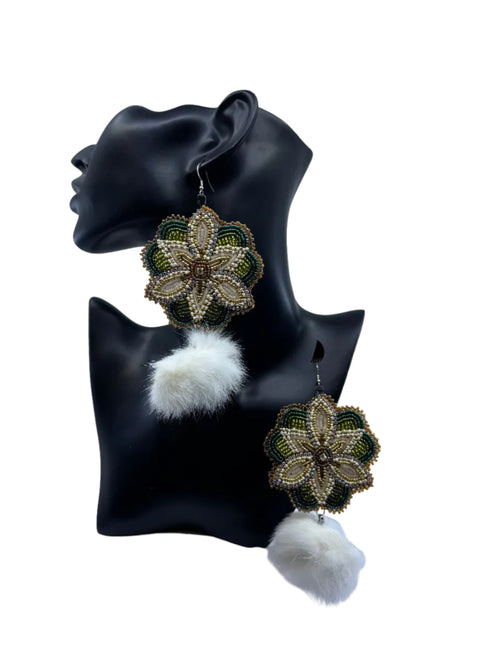 Large Beaded Earrings - Pom Poms