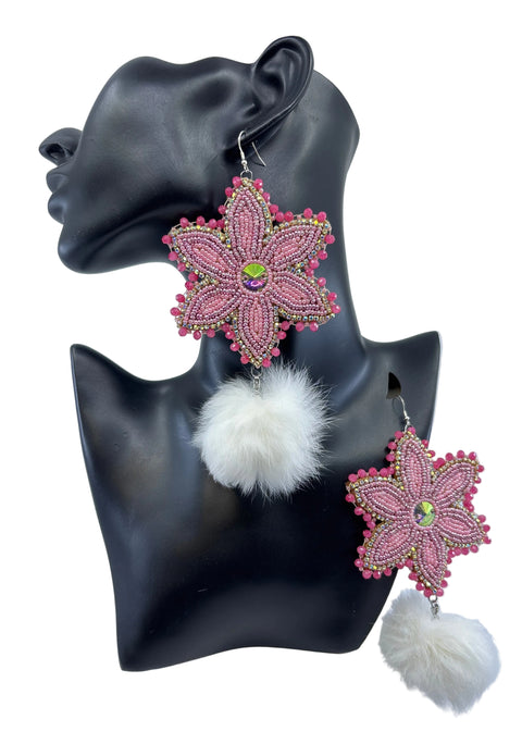 Medium Handcrafted Beaded Earrings with Fur & Horse Hair (3")