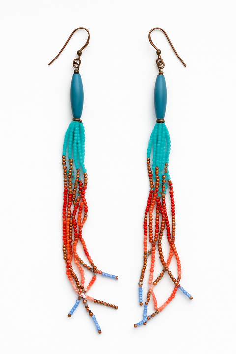 Beaded Fringe Earrings – Copper, Teal & Turquoise