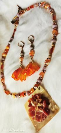 Orange Agate & Shell Pendant Jewelry Set – Necklace & Earrings