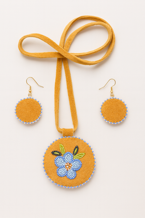 Handmade Moose Hide Jewelry Set – Beaded Flower Necklace & Earrings