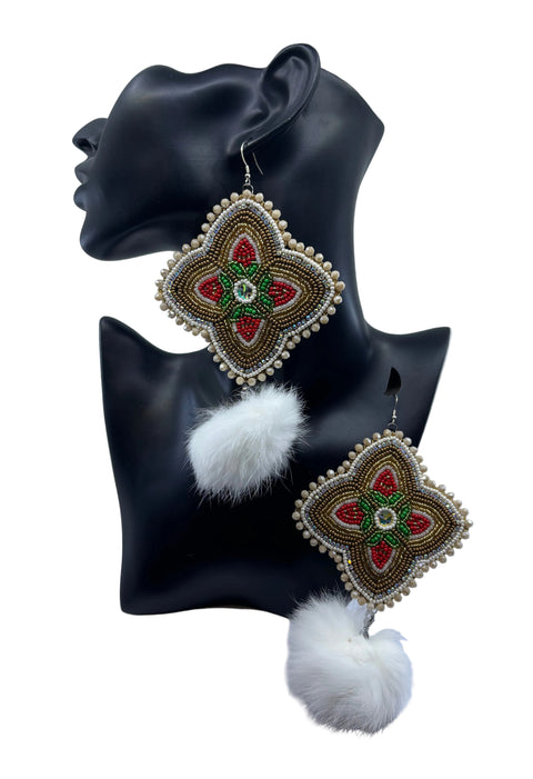 Large Beaded Earrings - Pom Poms