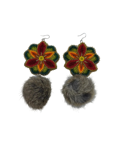 Large Beaded Earrings - Pom Poms