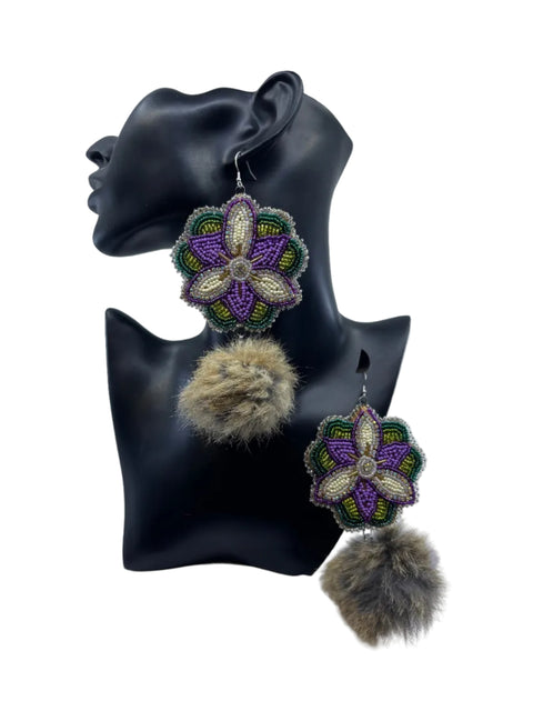 Large Beaded Earrings - Pom Poms