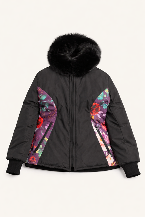 Parka Large Black Women’s Fox Fur Hood Parka – Floral Panels (Dark)