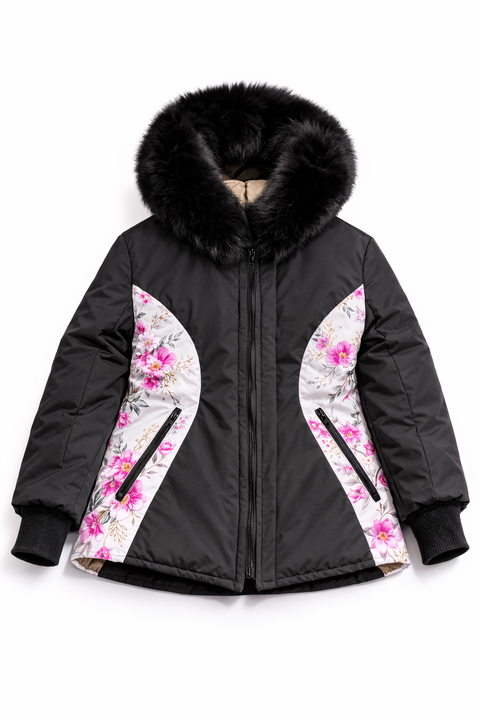 Parka Large Black Women’s Fox Fur Hood Parka – Floral Panels (Light)