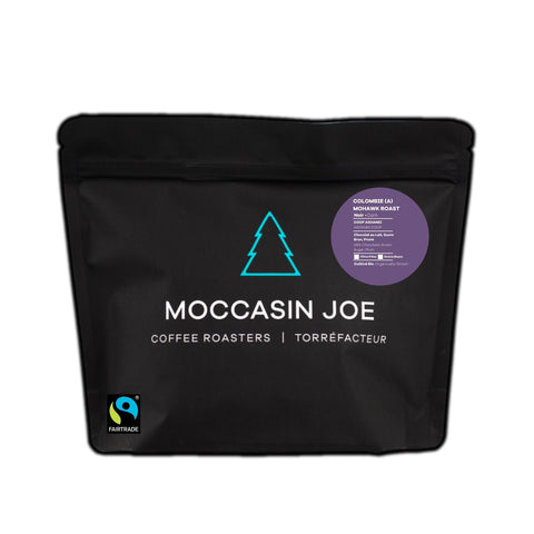 Moccasin Joe Colombian Mohawk Roast Fairtrade Certified 340g whole bean coffee bag