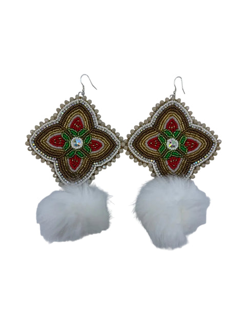 Large Beaded Earrings - Pom Poms