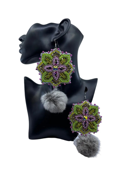 Large Beaded Earrings - Pom Poms