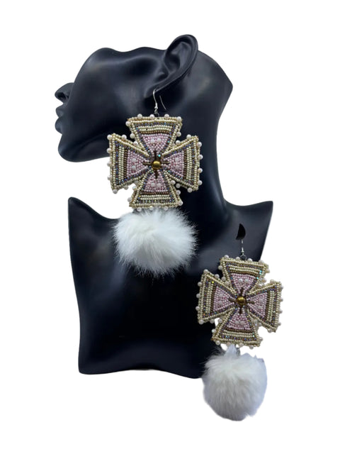 Large Beaded Earrings - Pom Poms