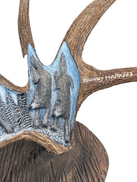 Caribou Migration with Wolves Antler Carving