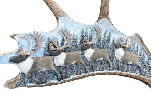 Caribou Migration with Wolves Antler Carving